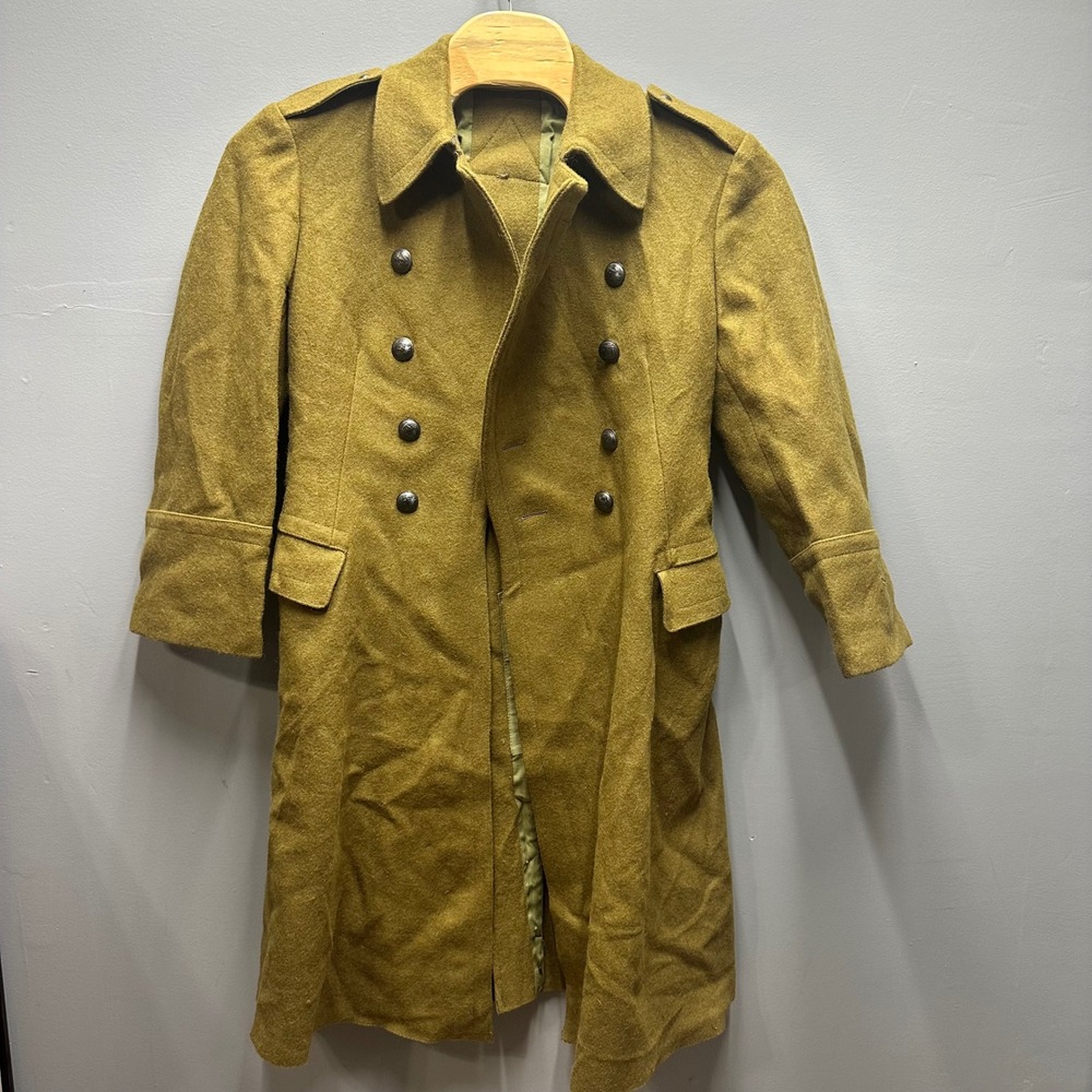 Vintage Romanian Military Wool Greatcoat Double Breasted Olive Drab Overcoat